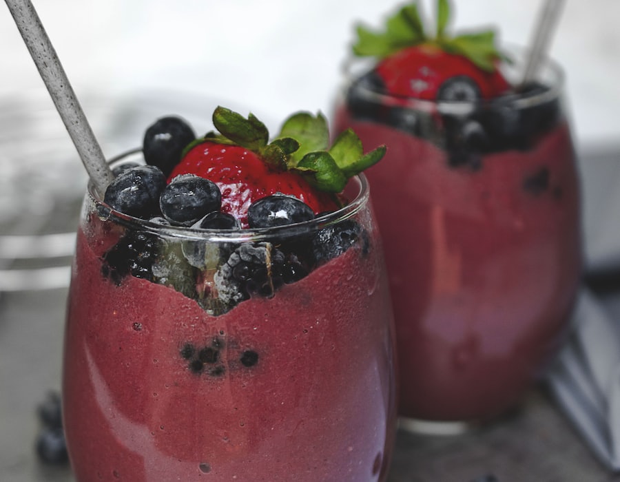 Thick fruit milkshake topped with fresh fruit