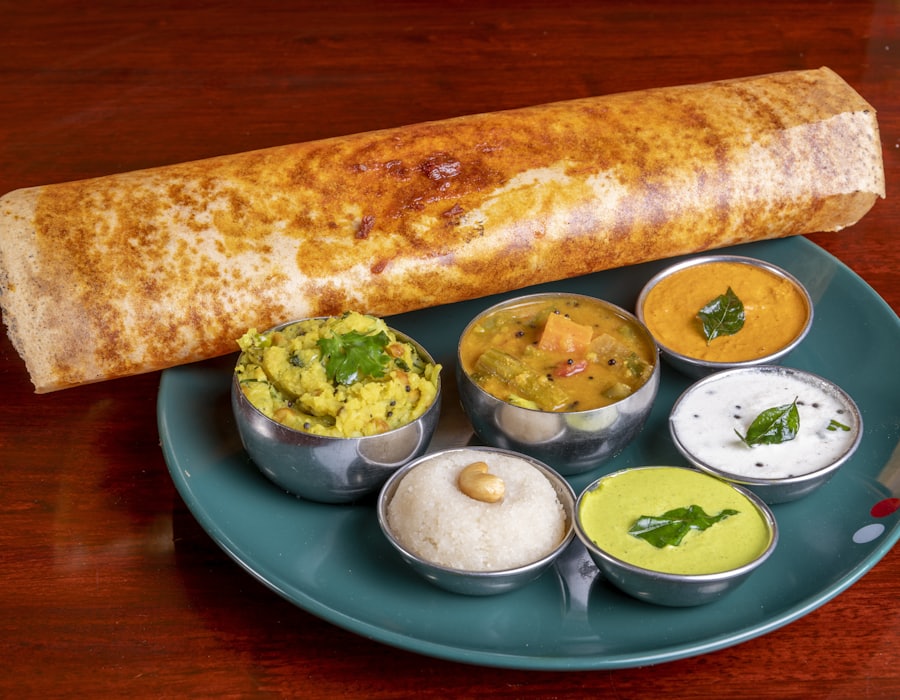 Crisp masala dosa with chutneys and sambar
