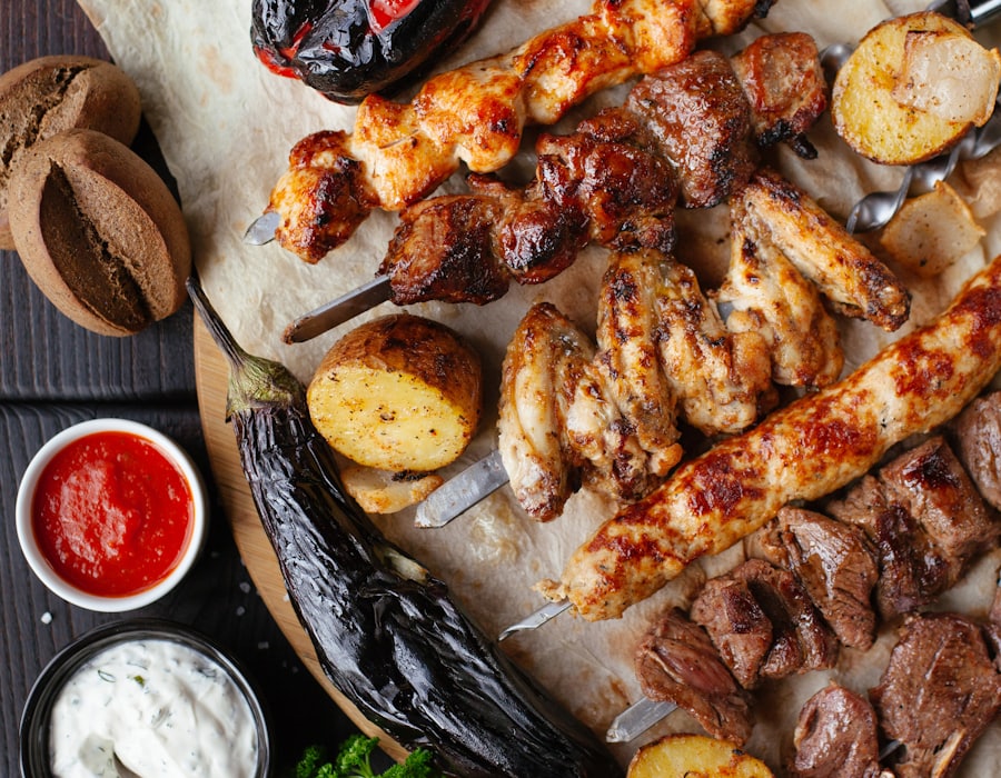 Charcoal-grilled kebab and mandi platter with roasted vegetables