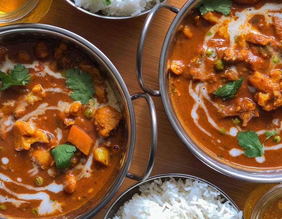 Vegetarian curries served with steamed rice